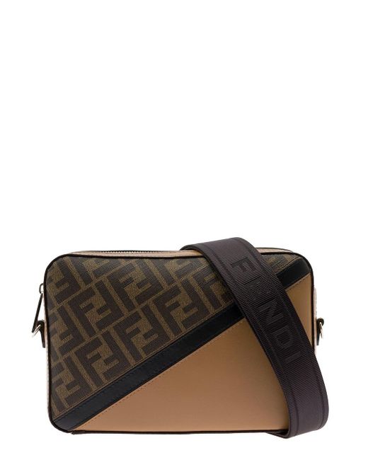 Fendi Black Camera Case Crossbody Bag In Leather And Cotton Man for men
