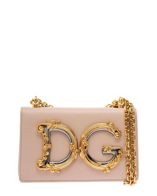 Dolce & Gabbana Natural 'Barocco' Crossbody Bag With Chain Shoulder Strap And Monogram Logo