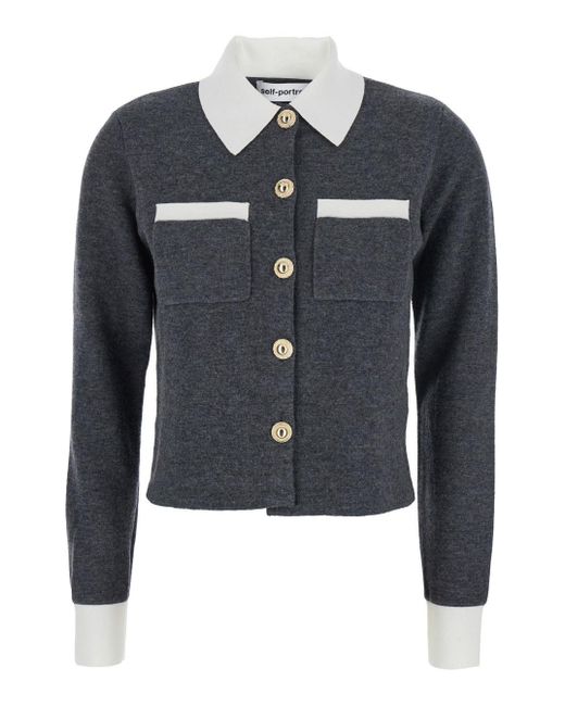 Self-Portrait Blue Cropped Cardigan With Contrasting Classic Collar And Two Front Patch Pockets