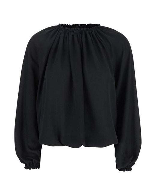 Le Plain Black Top With Dropped Shoulders And Curlsin Fabric