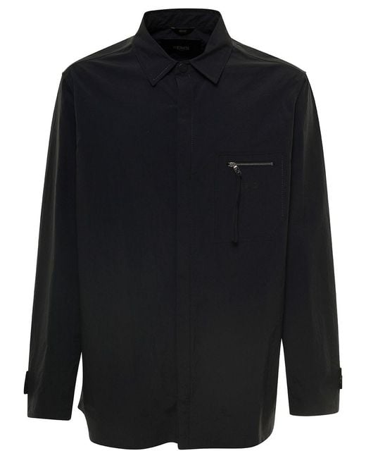 Fendi Blue Jacket With Patch Zipped Pocket And Logo for men