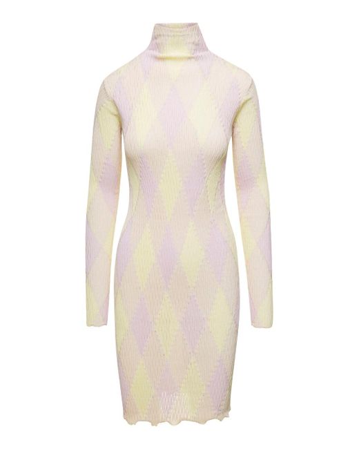 Burberry White Pinkribbed Knit Dress With Argyle Check Pattern