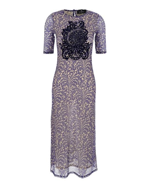 Etro Purple Long Dress With Maxi Floral Print On The Front And All-Over Print