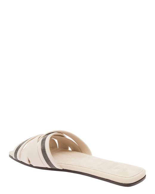 Brunello Cucinelli White Sandals With Crossover Strap And Monile