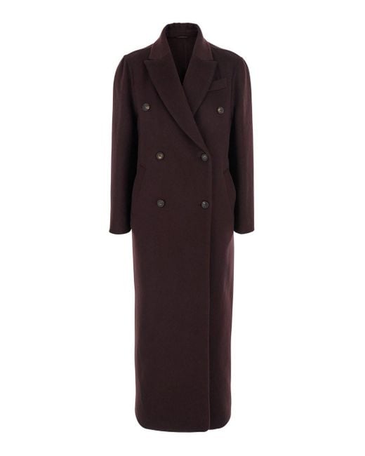 Brunello Cucinelli Red Bordeaux Double-Breasted Coat With Peak Revers