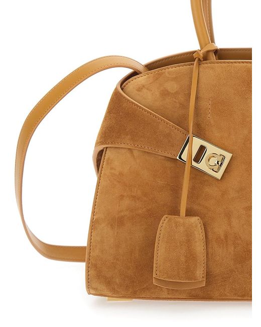 Ferragamo Brown 'Hug' Beigesmall Handbag With Logo And Gancini Buckle