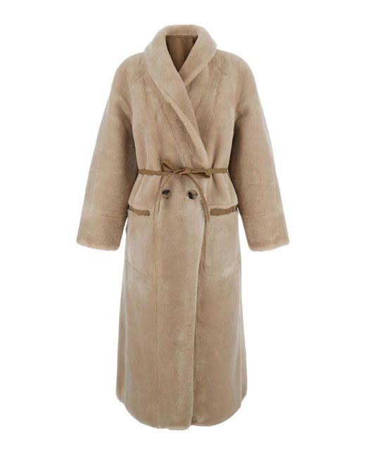 Urbancode Natural Long Fur Coat With Reversible Design And Waist Belt In