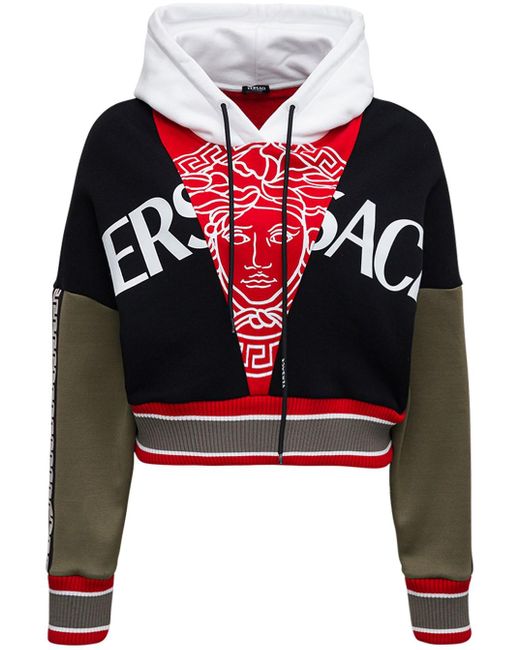 Versace Black Cropped Color Block Cotton Hoodie With Logo And Medusa Print
