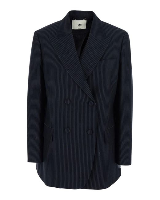 Fendi Blue Double-Breasted Jacket With Peak Revers And Pinstripe Motif