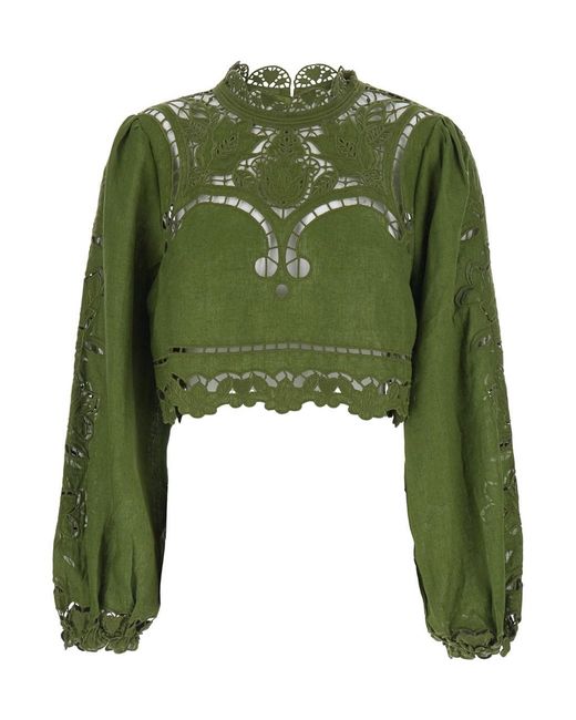 Farm Rio Green Crop Blouse Majestic Garden Linen