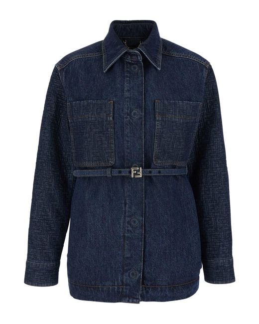 Fendi Blue Jacket With Pointed Collar And Waist Belt With Ff Plaque