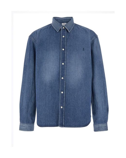 Saint Laurent Blue Denim Long Sleeve Shirt With Front Logo For for men
