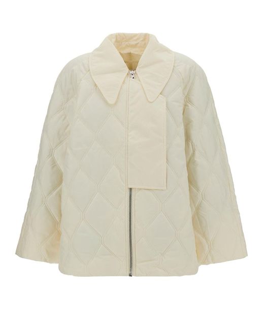 Ganni White Cream Quilted Jacket With Oversized Collar