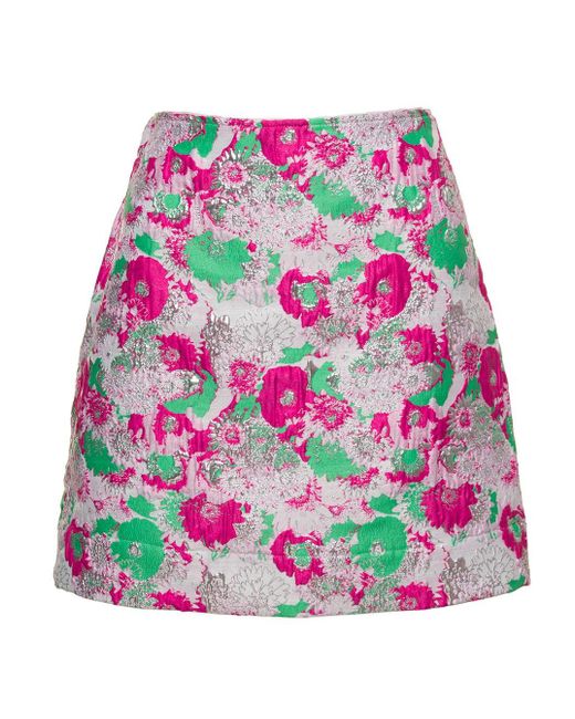 Ganni Pink Mini A-line Skirt With 3d Jacquard Floreal Motif In Recycled Polyester