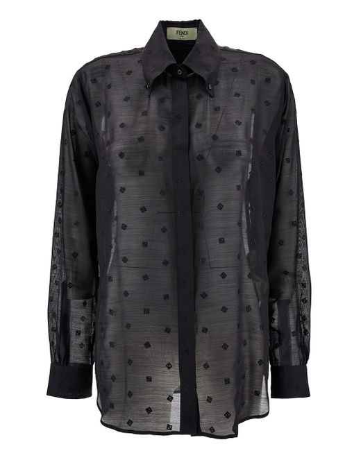Camicia con ricamo logo ff in seta e lana nera di Fendi in Black