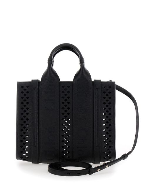 Chloé Black 'Piccola Woody' Tote Bag With Perforated Edges And Logo In