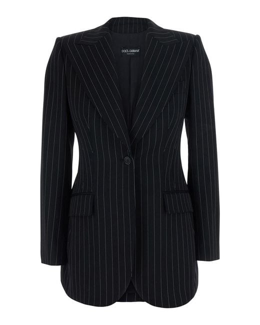 Dolce & Gabbana Black Blazer With All-Over Stripe Motif And Notched Re