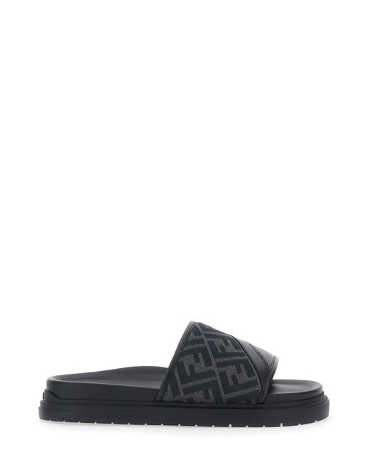 Fendi Black Sandals With Ff Diagonal Motif And Wide Jacquard Ff Strap for men