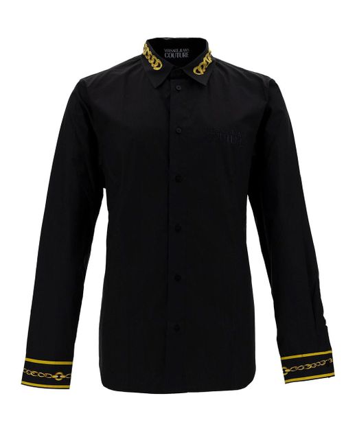 Versace Jeans Black Slim Shirt With Chain Print In Cotton for men