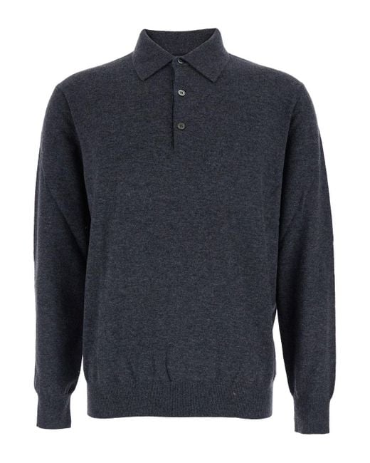 Le Plain Blue Sweater With Polo Shirt Style Collar And Long Sleeves In for men