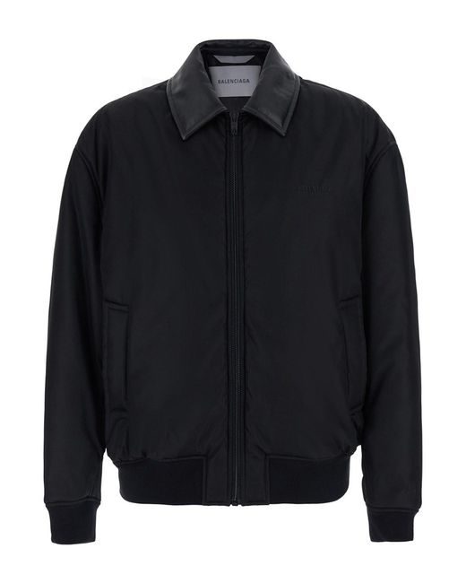 Balenciaga Blue Bomber Jacket With Shirt Collar And Logo On The Front for men