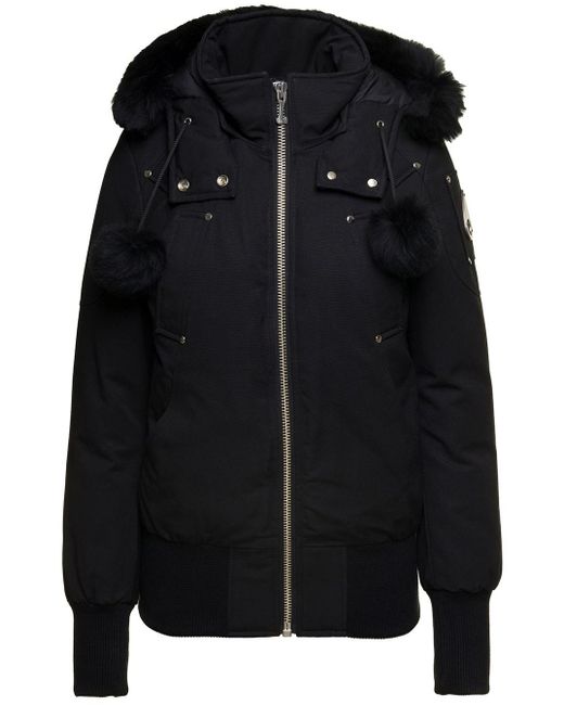 Moose Knuckles 'debbie' Black Down Jacket With Logo Patch And Pompon In Cotton Blend Woman