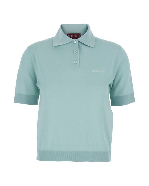 Gucci Blue Light Polo Shirt With Classic Collar And Logo Lettering Embroidery On The Front