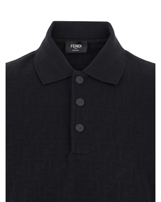 Fendi Black Polo Shirt With All-Over Tone-On-Tone Ff Logo for men