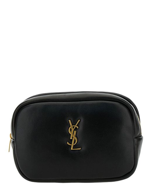 Saint Laurent Black 'calypso' Mini Cosmetic Pouch With Cassandre Detail In Leather