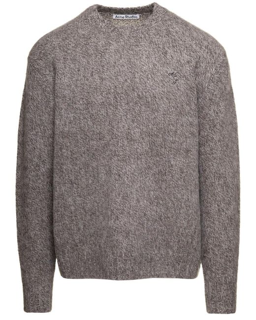 Acne Gray Crewneck Sweater With Embroidered Logo In Wool for men