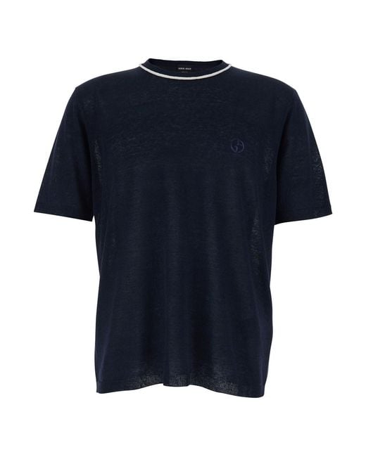 Giorgio Armani Blue Crew Neck T-Shirt With Tone-On-Tone Logo On The Front for men