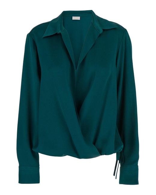 Dries Van Noten Green 'Cedar' Blouse With Spread Collar And Elastic Dr