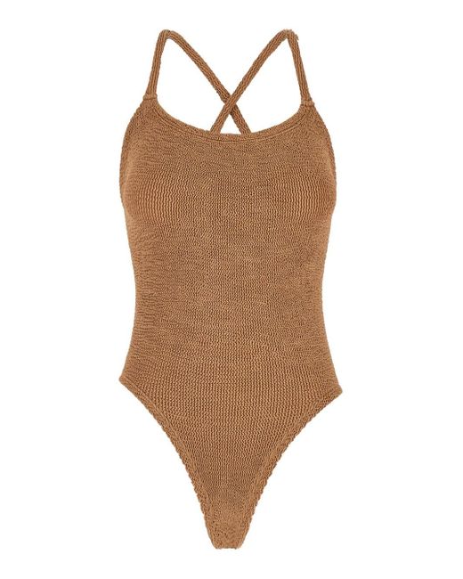 Hunza G Brown 'Bette' One-Piece Swimsuit With Crisscross Straps