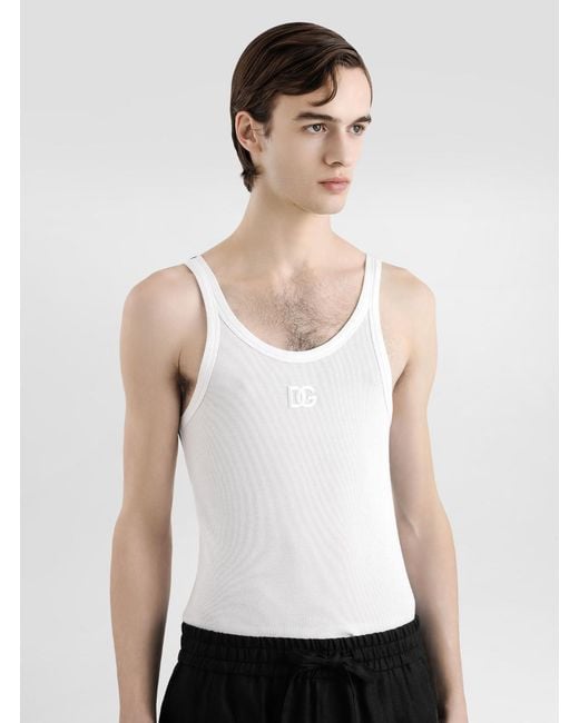 Dolce & Gabbana White Sleeveless Top With Logo Embroidery On The Front And Ribbed Knit for men