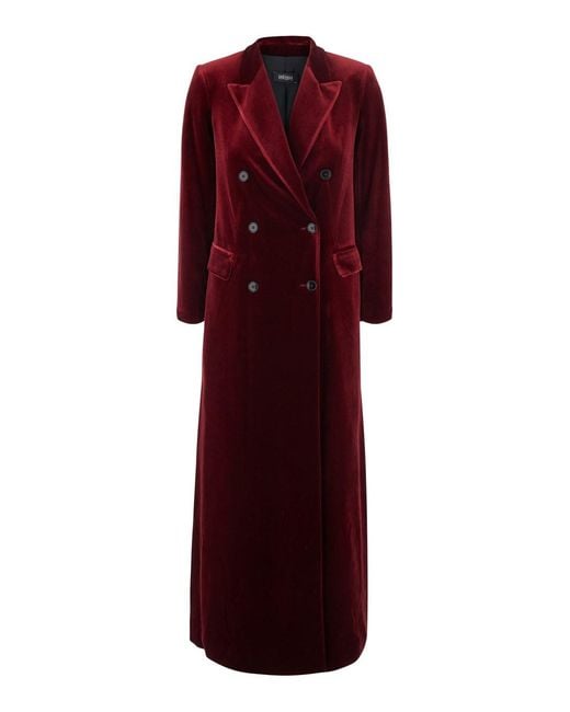 Le Plain Red Long Double-Breasted Coat With Peak Revers