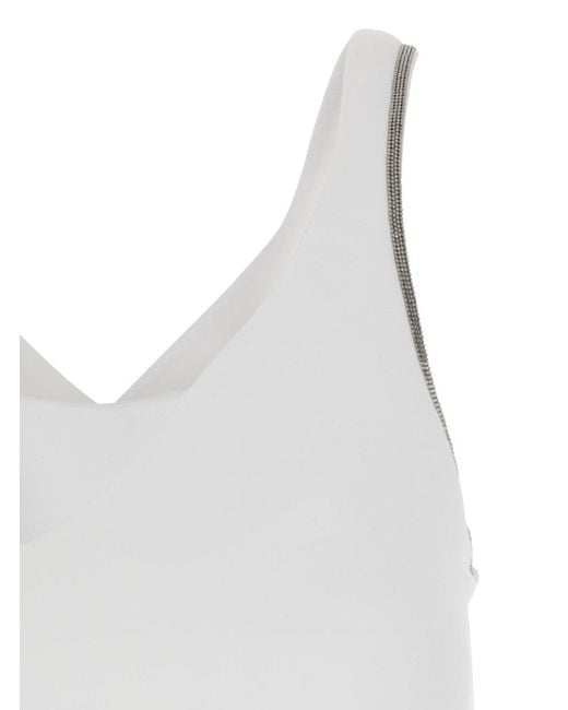 Brunello Cucinelli White V-Neck Top With Side Monile Detail