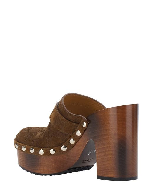 Gucci Brown Wedges With Studded Embellishment And Gg Plaque On The Front