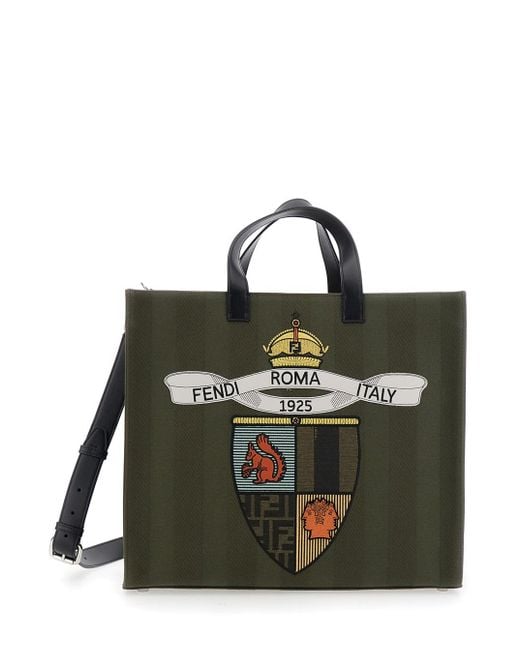 Fendi Black Shopper With Vertical Stripes Motif And Club Patch On The Front for men
