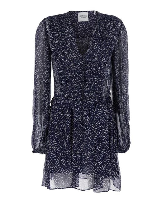 Isabel Marant Blue 'Loriena' Dress With V Neck And All-Over Print