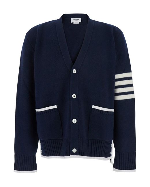 Thom Browne Blue Cardigan With V Neck And Maxi Logo On The Sleeve for men