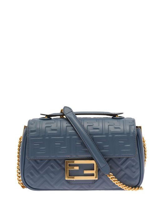 Fendi Blue 'baguette Chain' E Shoulder Bag In Quilted Leather Woman