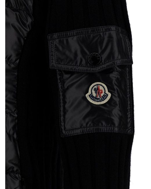 Moncler Black Down-Filled Cardigan With High Neck And Logo Patch