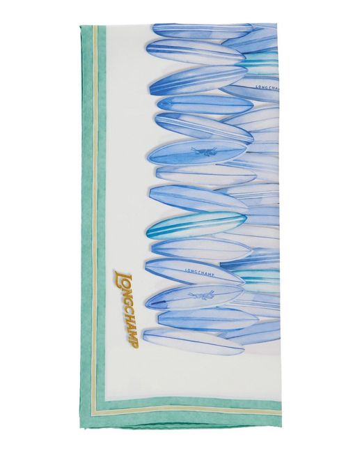 Longchamp Blue Square Silk Scarf With Logo Lettering And All-Over Pattern For