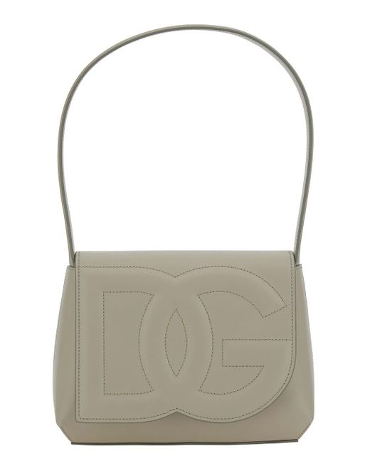 Dolce & Gabbana Gray 'dg Logo' White Shoulder Bag In 3d Quilted Logo Detail In Smooth Leather Woman