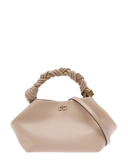 Ganni Natural ' Bou' Handbag With Butterfly Logo And Hand-braided Strands In Leather