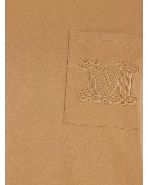 Max Mara Natural 'Papaia' Crewneck T-Shirt With One Front Patch Pocket With Logo Embroidery