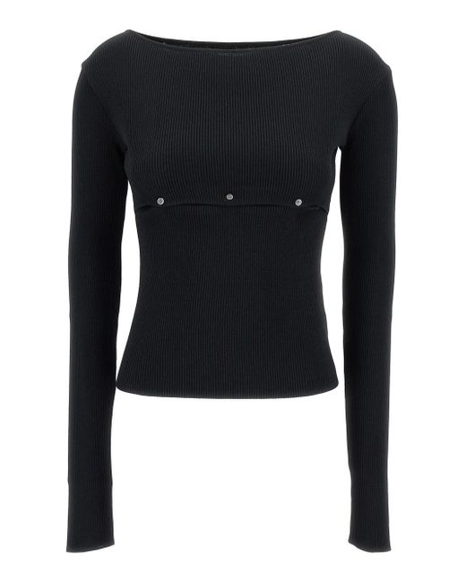 Low Classic Black Ribbed Top With Boat Neckline And Buttons