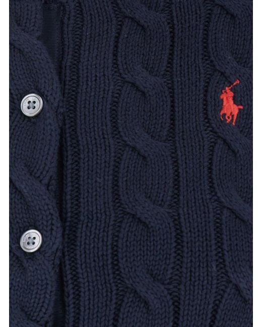 Polo Ralph Lauren Blue Cable Knit Crewneck Cardigan With Pony Embroidery On The Front