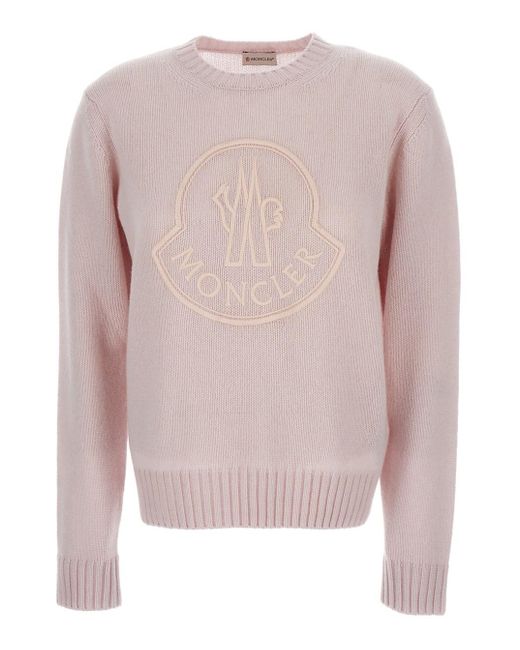 Moncler Pink Crewneck Sweater With Embroidered Logo