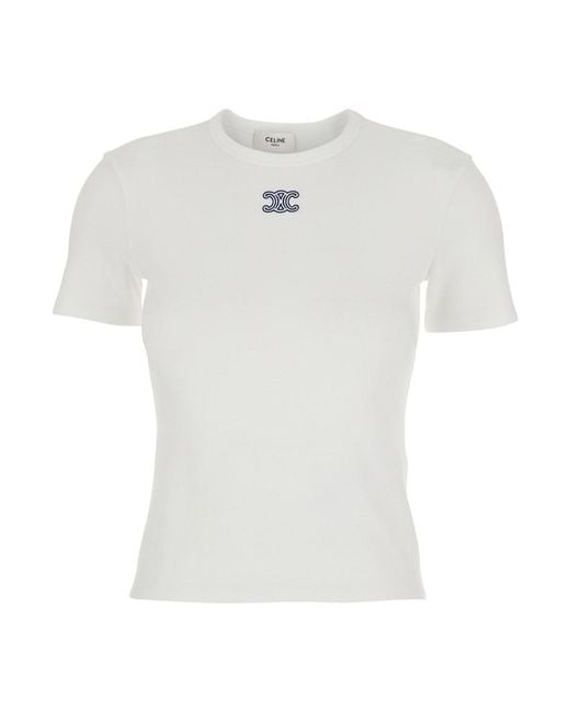 Céline White T-Shirt With Triomphe Logo Embroidery On The Front